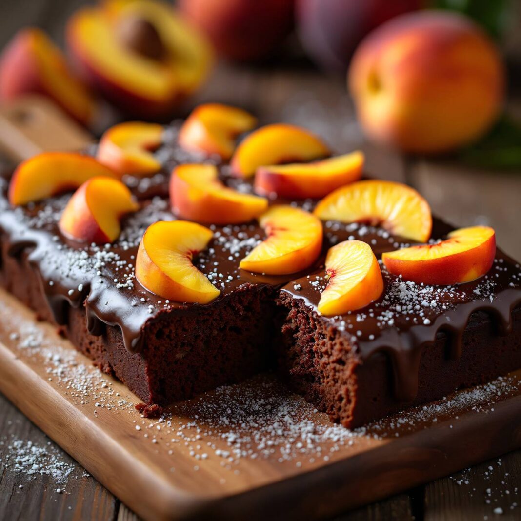 Schokoladen-Blechkuchen mit Pfirsich Rezept Schokoladen-Blechkuchen mit Pfirsich Rezept