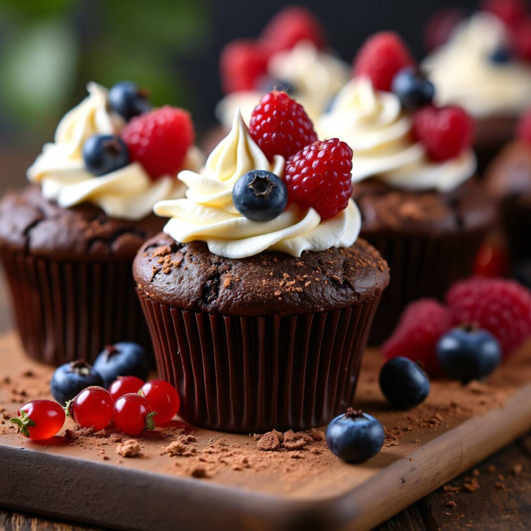 Schokoladen-Muffins mit Sahne-Beeren-Topping Rezept Schokoladen-Muffins mit Sahne-Beeren-Topping Rezept