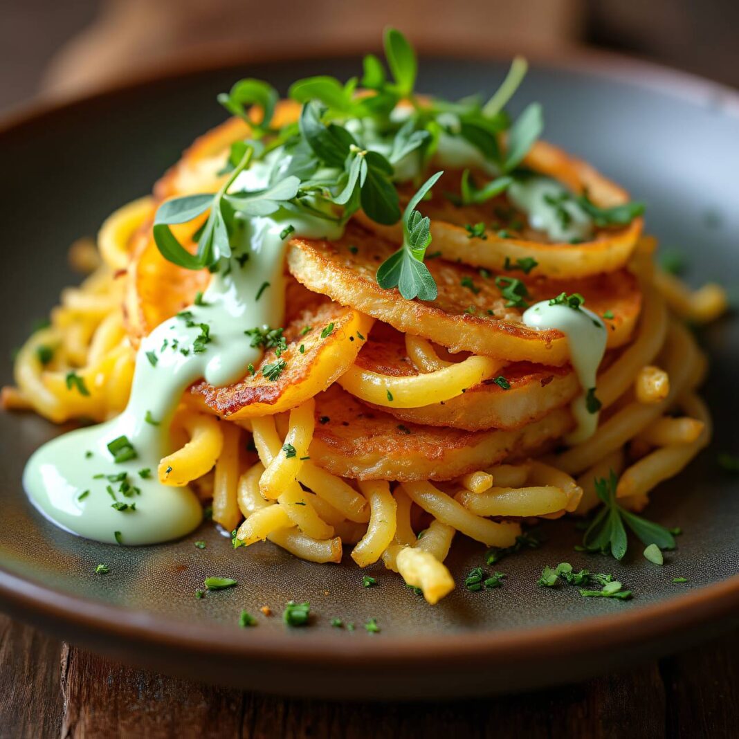 Schwarzwurzeln an Bärlauchsauce mit Gemüse-Rösti Rezept Schwarzwurzeln an Bärlauchsauce mit Gemüse-Rösti Rezept