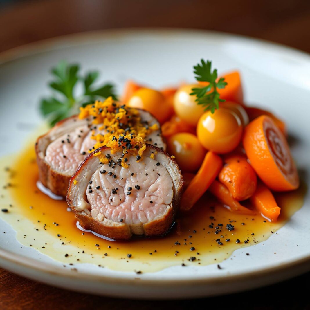 Schweinefilet an Orangen-Pfeffer-Sauce mit Karotten-Zwiebel-Gemüse Rezept Schweinefilet an Orangen-Pfeffer-Sauce mit Karotten-Zwiebel-Gemüse Rezept