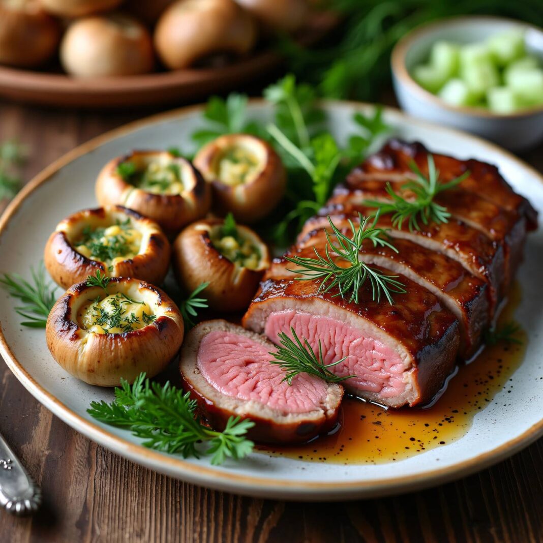 Schweinefilet mit Dill und gefüllten Champignons Rezept Schweinefilet mit Dill und gefüllten Champignons Rezept