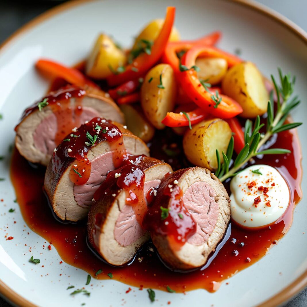 Schweinefilet mit Rotweinglasur, Paprika-Gemüse und Frühkartoffeln Rezept Schweinefilet mit Rotweinglasur, Paprika-Gemüse und Frühkartoffeln Rezept