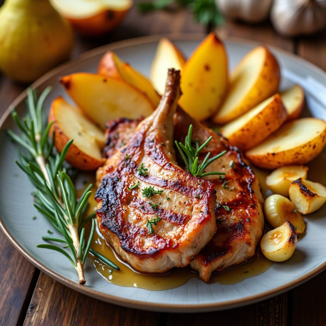 Schweins-Chops mit Wedges und Birnen vom Blech Rezept Schweins-Chops mit Wedges und Birnen vom Blech Rezept