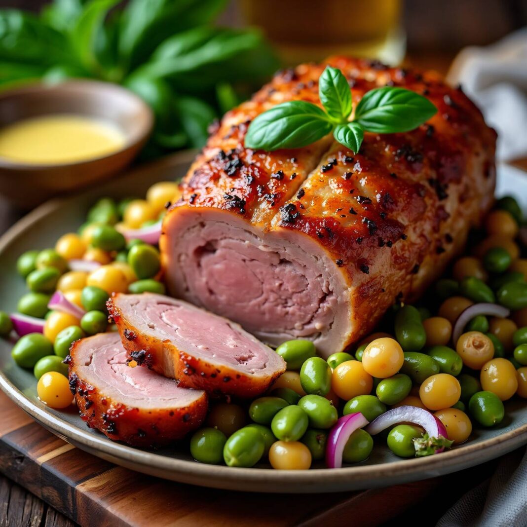 Schweinsbraten, mit Knoblauch gespickt und Bohnensalat Rezept Schweinsbraten, mit Knoblauch gespickt und Bohnensalat Rezept