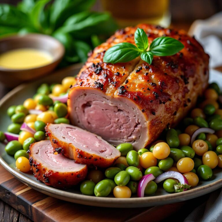 Schweinsbraten, mit Knoblauch gespickt und Bohnensalat Rezept
