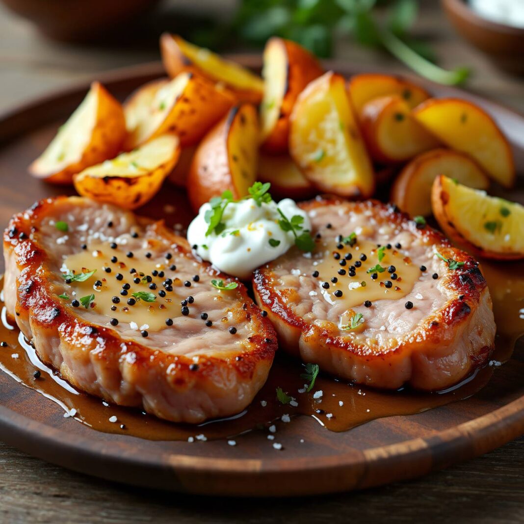 Schweinshalssteaks mit Bärlauchjoghurt Rezept Schweinshalssteaks mit Bärlauchjoghurt Rezept