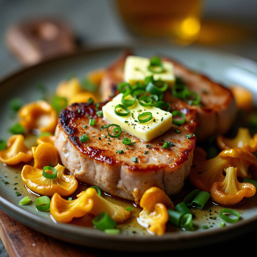 Schweinskoteletts mit Eierschwämmchen und Kräuterlikör Rezept Schweinskoteletts mit Eierschwämmchen und Kräuterlikör Rezept