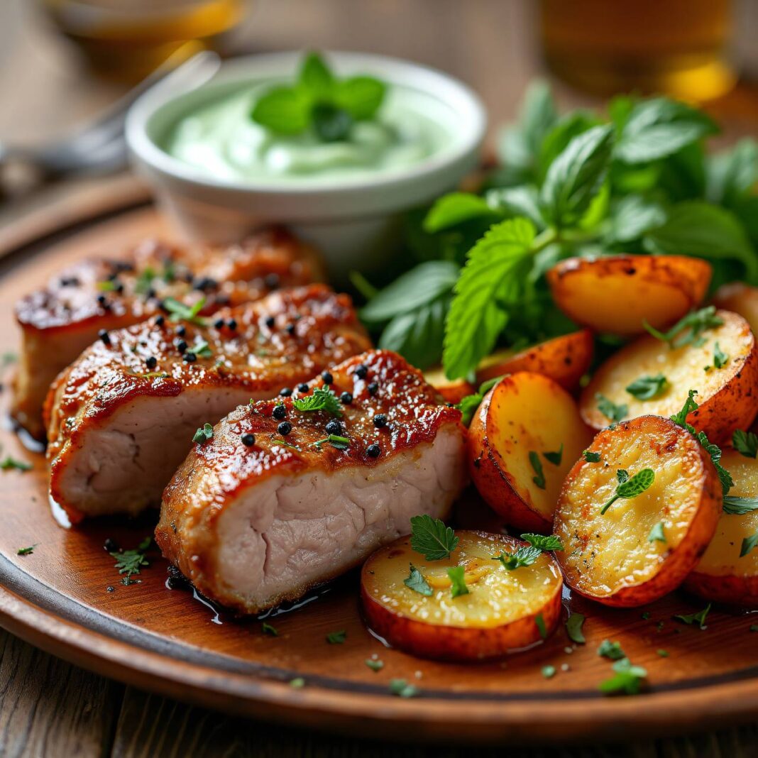 Schweinskoteletts mit Pfefferminzquark Rezept Schweinskoteletts mit Pfefferminzquark Rezept