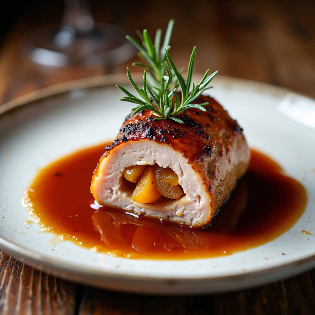 Schweinsnierstück mit Käsesorte-Füllung an Rotwein-Butter-Sauce Rezept Schweinsnierstück mit Käsesorte-Füllung an Rotwein-Butter-Sauce Rezept