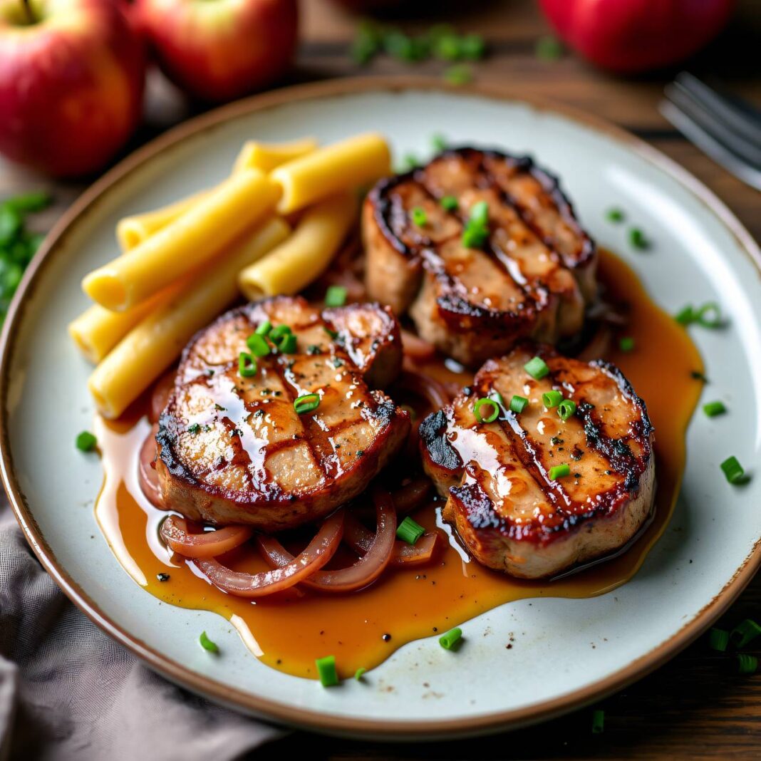 Schweinssteaks mit Apfelsauce und Nudeln Rezept Schweinssteaks mit Apfelsauce und Nudeln Rezept