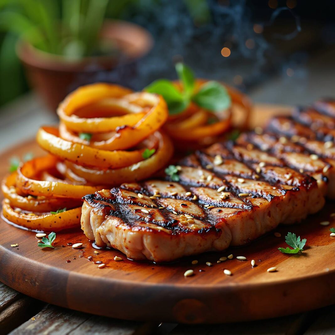 Senf-Steak vom Grill mit Honig-Zwiebeln Rezept Senf-Steak vom Grill mit Honig-Zwiebeln Rezept