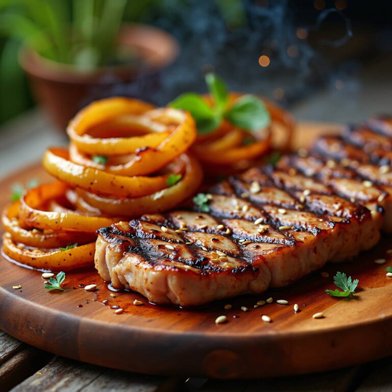Senf-Steak vom Grill mit Honig-Zwiebeln Rezept