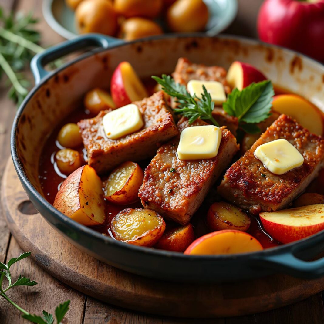 Senfrippli mit pikantem Apfel-Kartoffelgemüse Rezept Senfrippli mit pikantem Apfel-Kartoffelgemüse Rezept