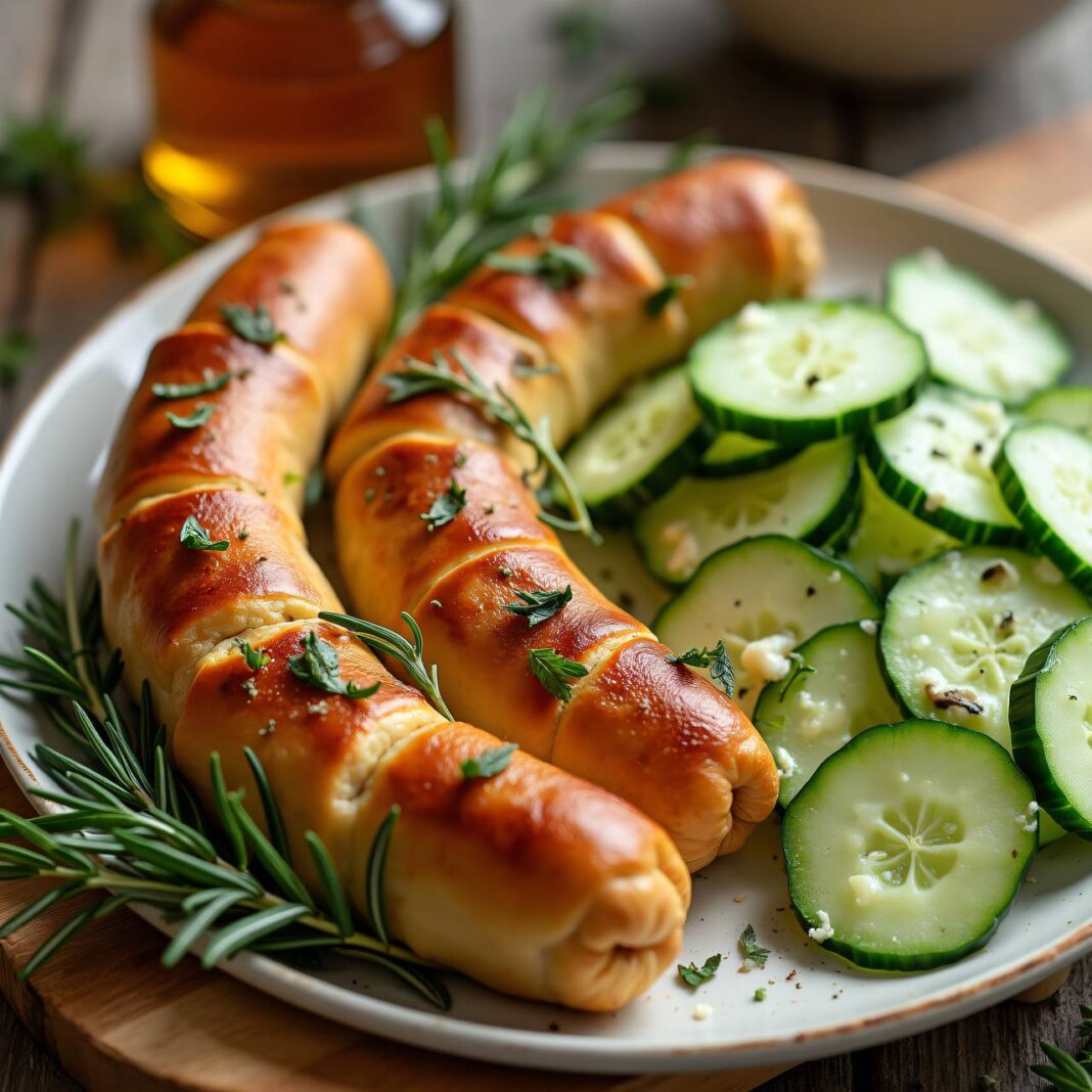 Senfwürstchen im Kräuterteig mit Gurkensalat Rezept Senfwürstchen im Kräuterteig mit Gurkensalat Rezept