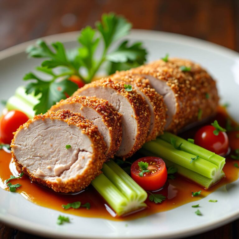 Sesam-Krustenbraten mit Tomaten und Sellerie Rezept