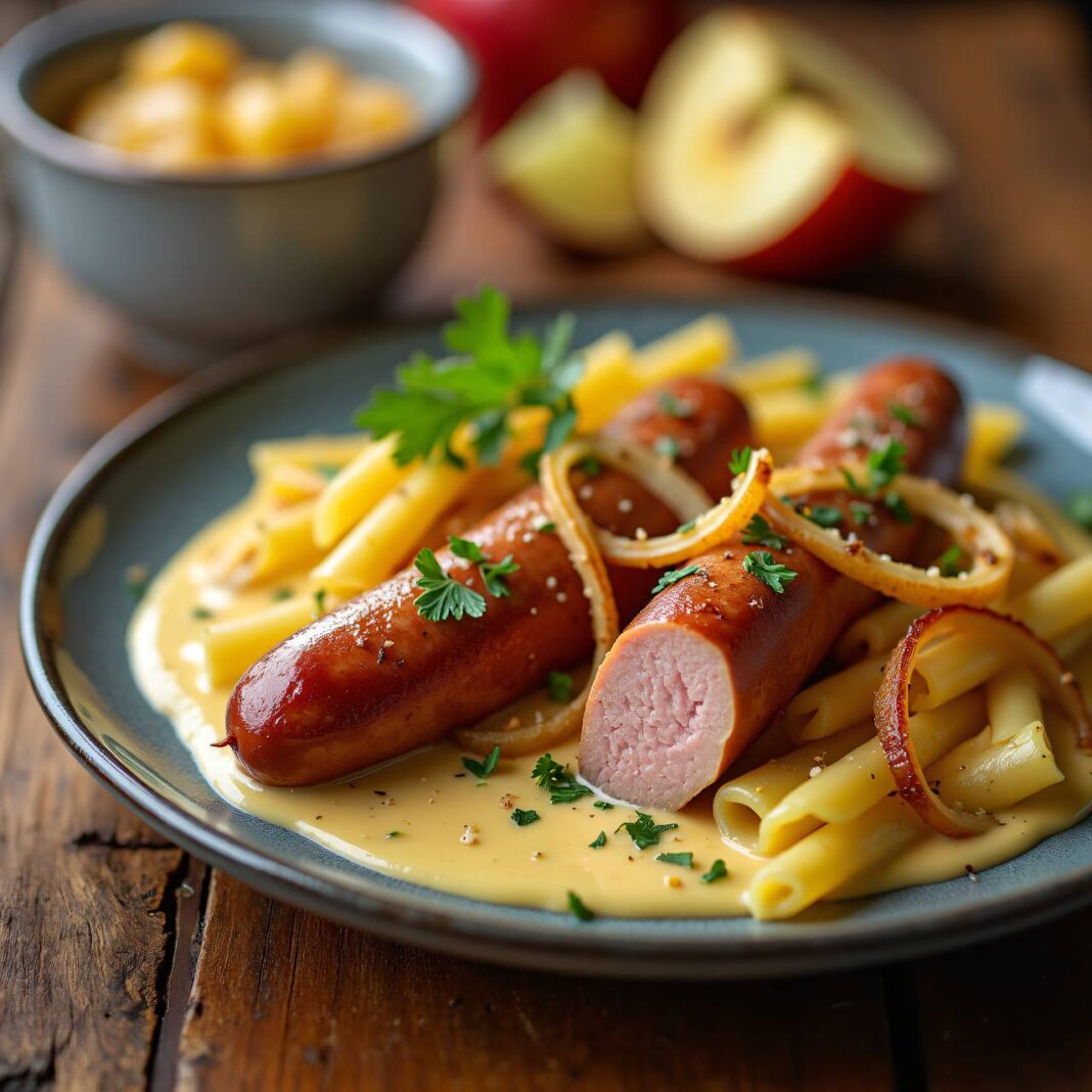 Siedwurst mit Teigwaren und Apfelmus Rezept Siedwurst mit Teigwaren und Apfelmus Rezept