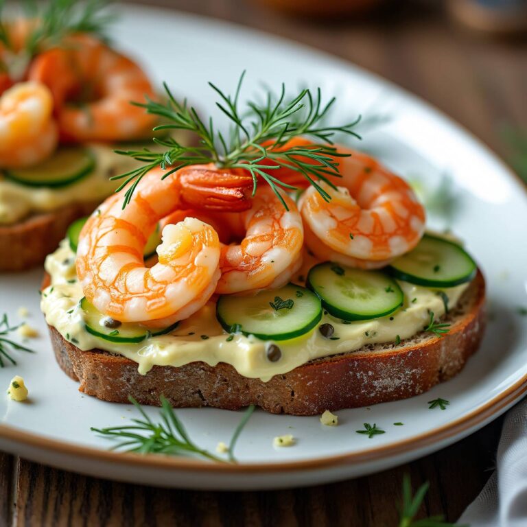 Smørrebrød mit Crevetten, Gurke und Dill Rezept