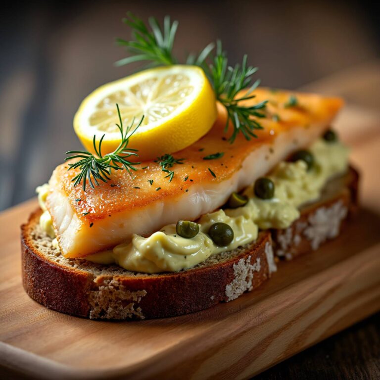 Smørrebrød mit gebratenem Fischfilet, Zitronenscheibe und Remoulade Rezept