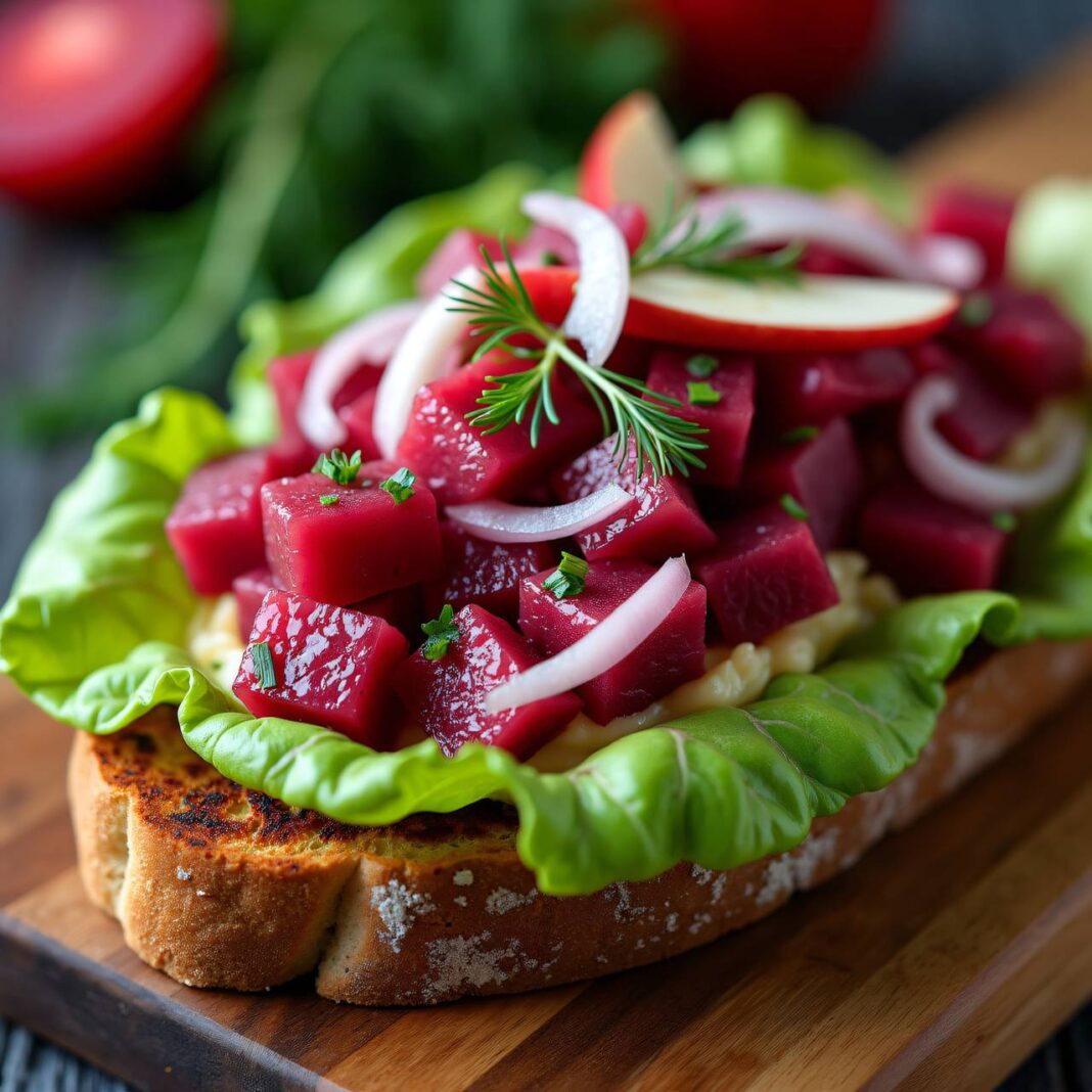 Smørrebrød mit rotem Heringssalat Rezept Smørrebrød mit rotem Heringssalat Rezept