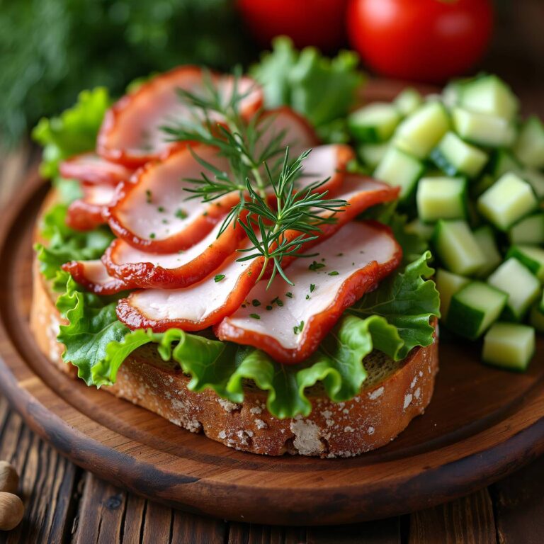 Smørrebrød mit Schweinsbraten, Gurke, Pflaume und Dill Rezept