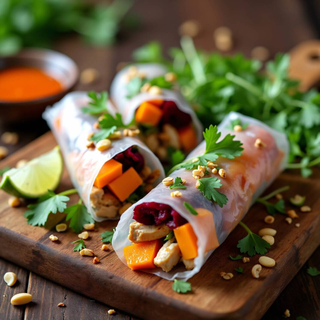 Sommerrollen mit Hühner, Kürbis und rote Rüben (Low Carb) Rezept Sommerrollen mit Hühner, Kürbis und rote Rüben (Low Carb) Rezept