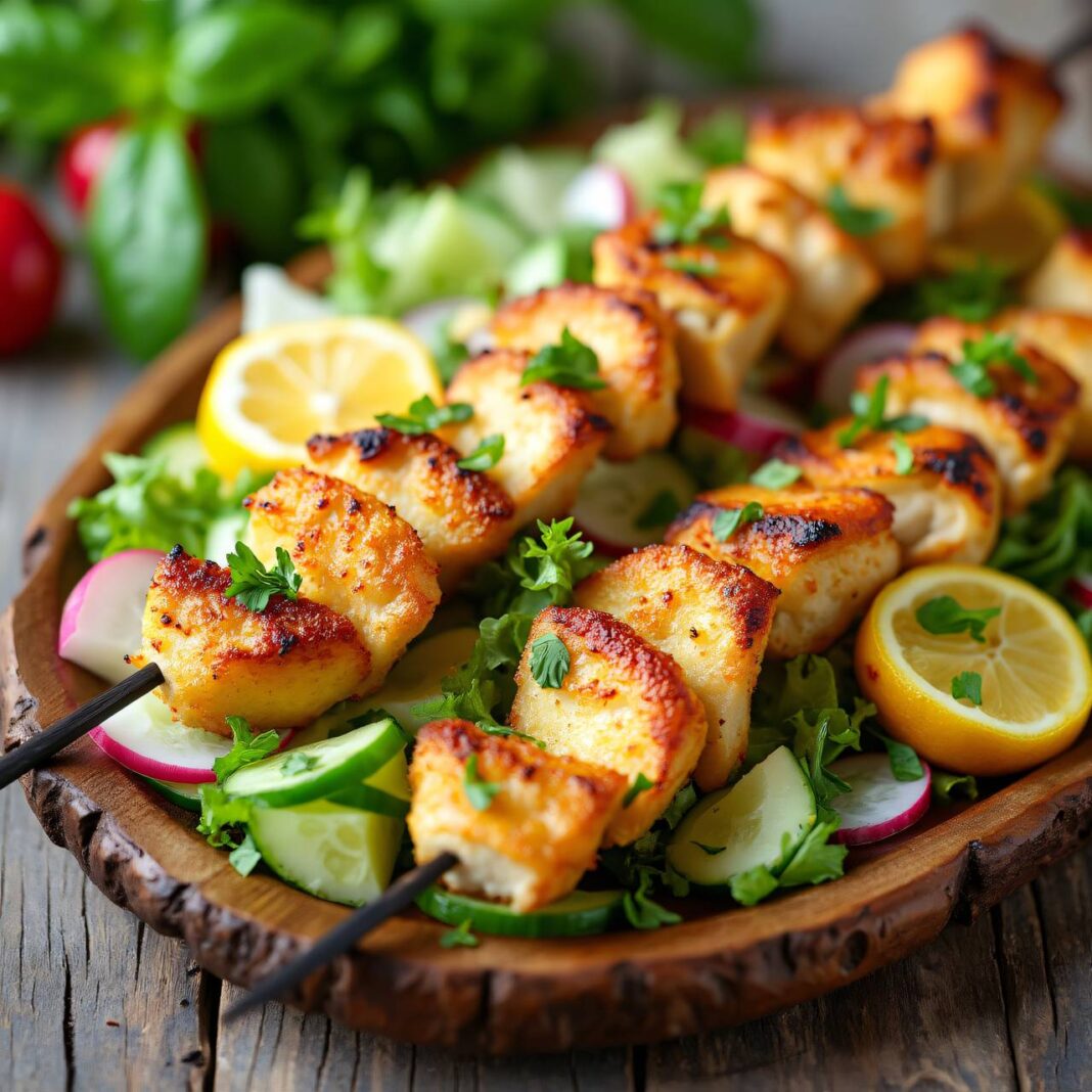 Sommersalat mit Hühnerspießen Rezept Sommersalat mit Hühnerspießen Rezept