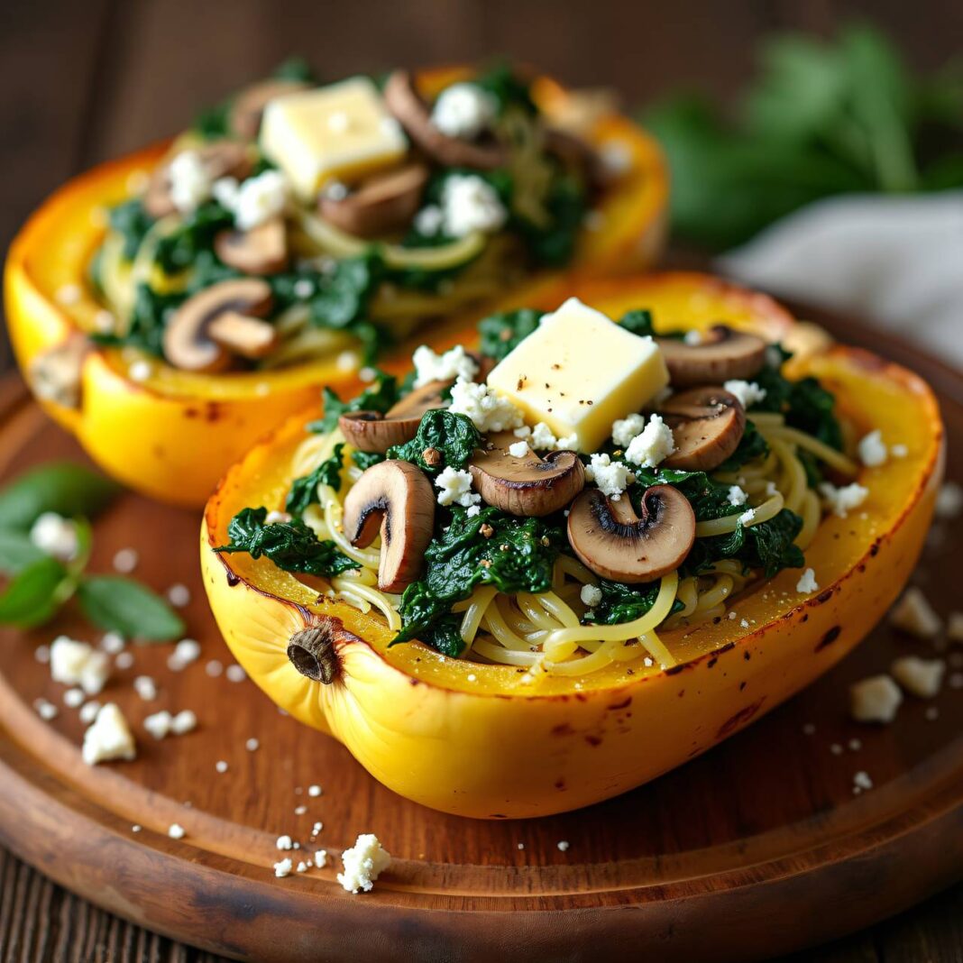 Spaghetti-Kürbis mit Sahne-Spinat und Champignons Rezept Spaghetti-Kürbis mit Sahne-Spinat und Champignons Rezept