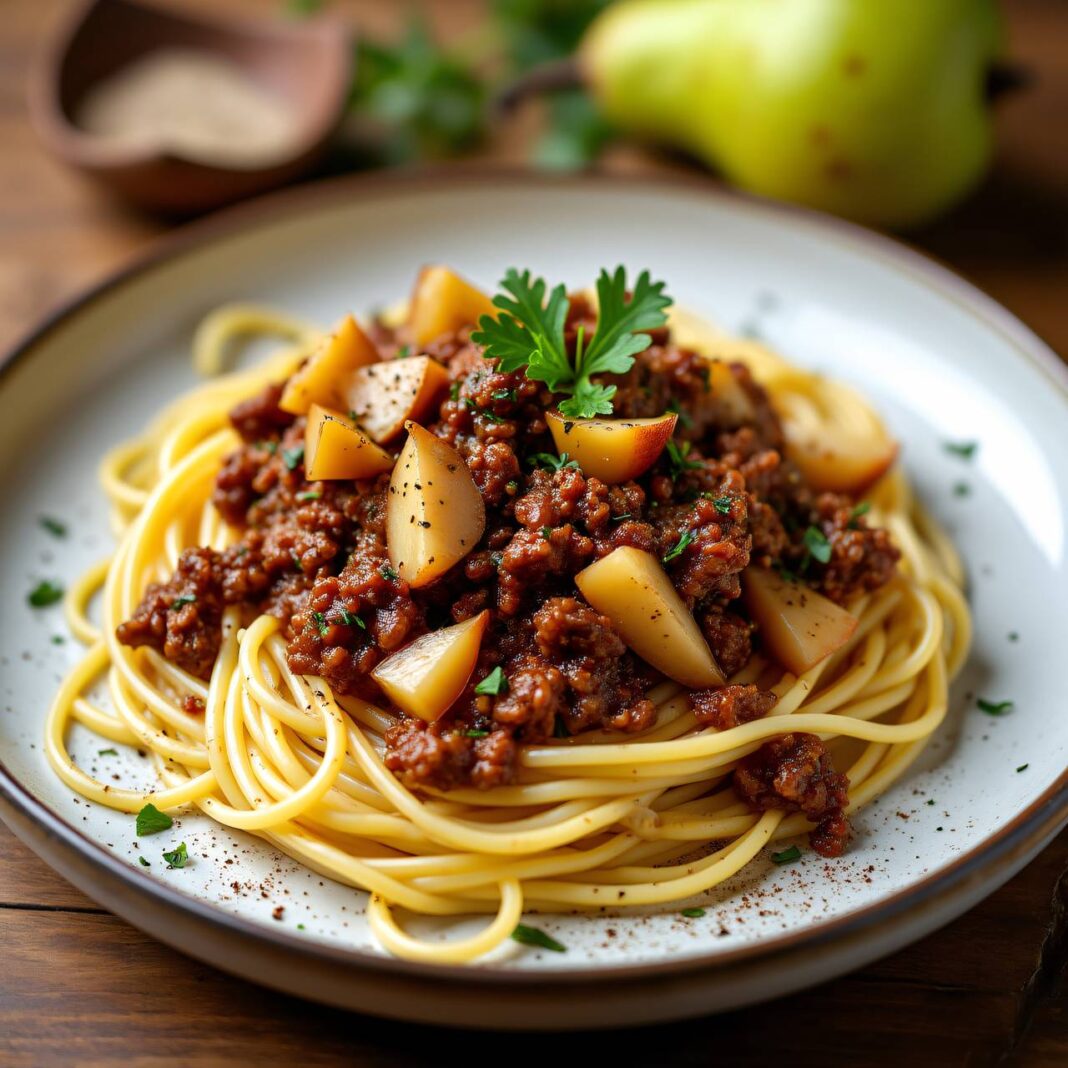 Spaghetti mit Birnen-Hackfleisch-Sauce Rezept Spaghetti mit Birnen-Hackfleisch-Sauce Rezept