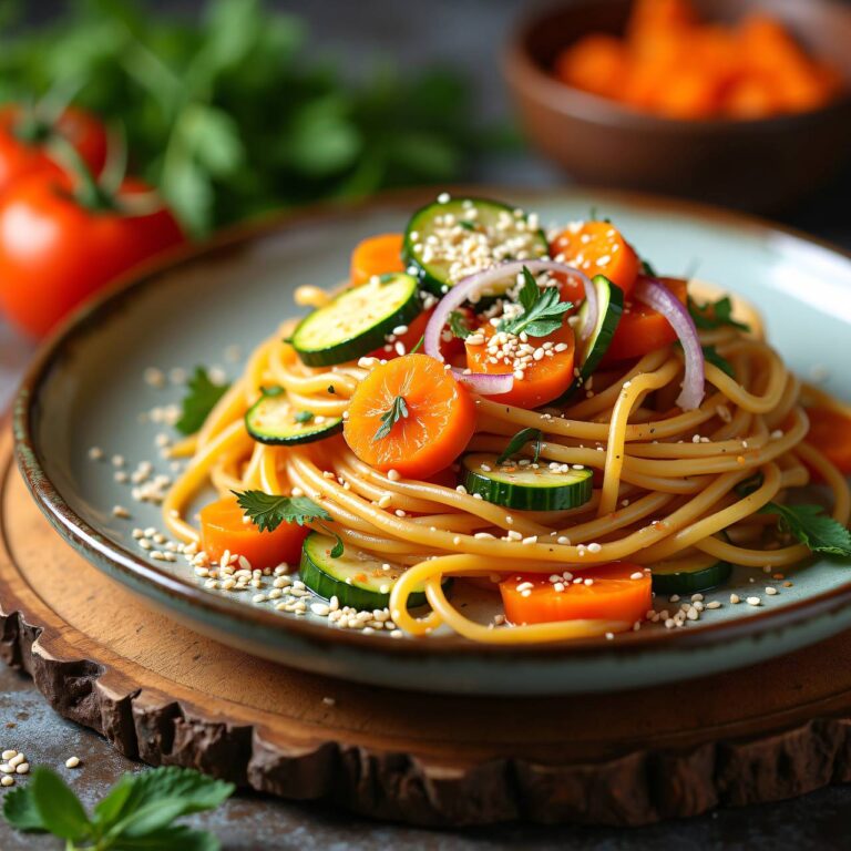 Spaghetti mit Gemüsesauce, Sesam und Käse Rezept
