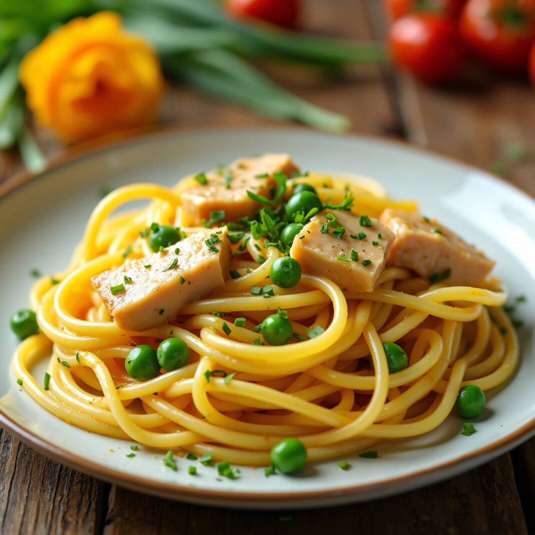 Spaghetti mit Hühner-Erbsen-Sauce Rezept Spaghetti mit Hühner-Erbsen-Sauce Rezept