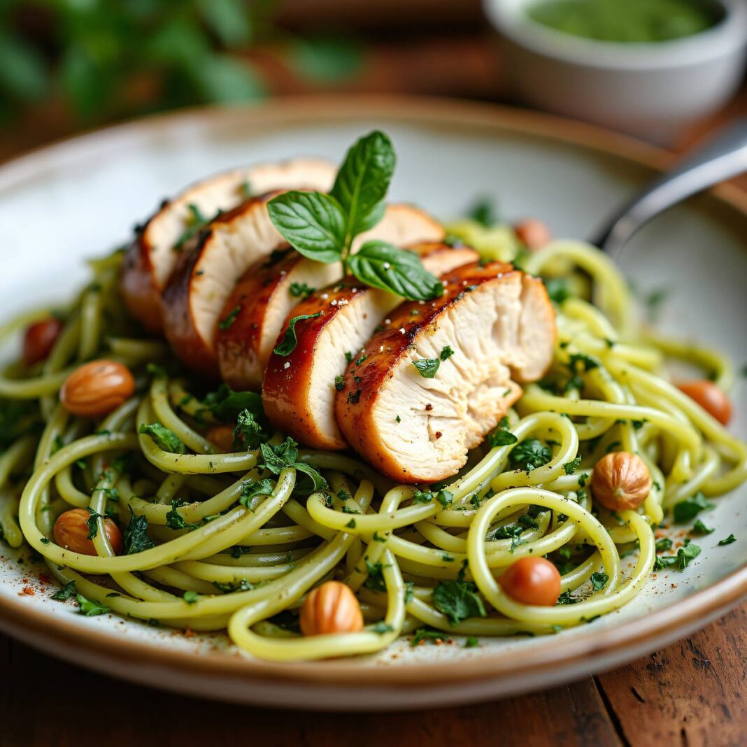 Spaghetti mit Kräuter-Nuss-Pesto und Hühnchen Rezept Spaghetti mit Kräuter-Nuss-Pesto und Hühnchen Rezept