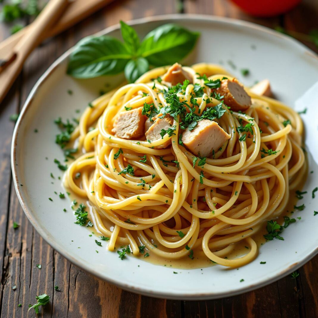 Spaghetti mit Kresse-Hühnchen-Sauce Rezept Spaghetti mit Kresse-Hühnchen-Sauce Rezept