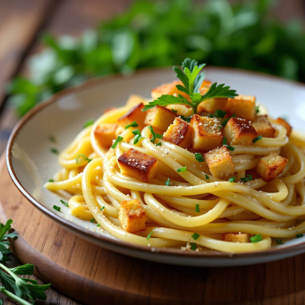Spaghetti mit Lauch-Käsesauce und Croûtons Rezept Spaghetti mit Lauch-Käsesauce und Croûtons Rezept