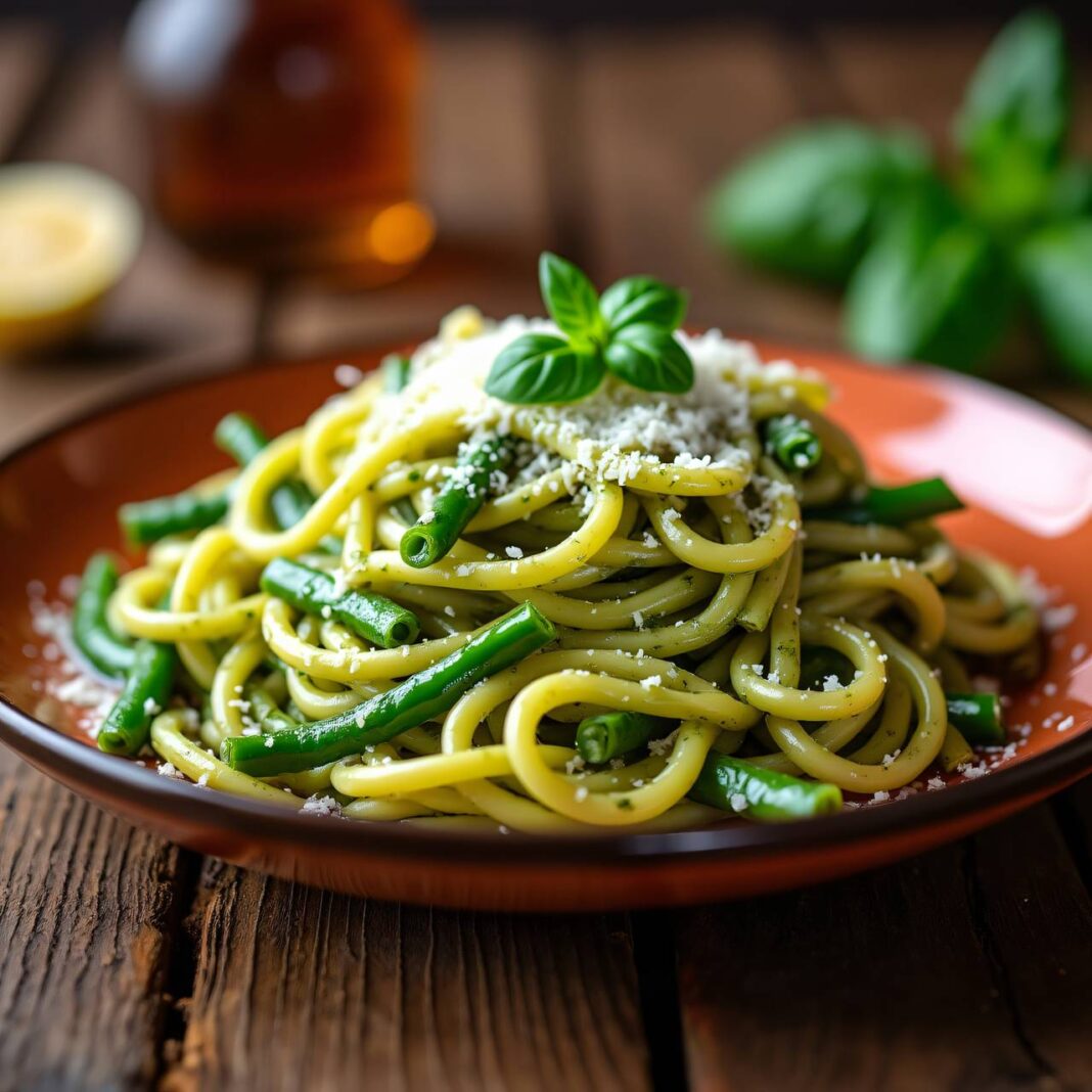 Spaghetti mit Sahne-Basilikumpesto und Bohnen Rezept Spaghetti mit Sahne-Basilikumpesto und Bohnen Rezept