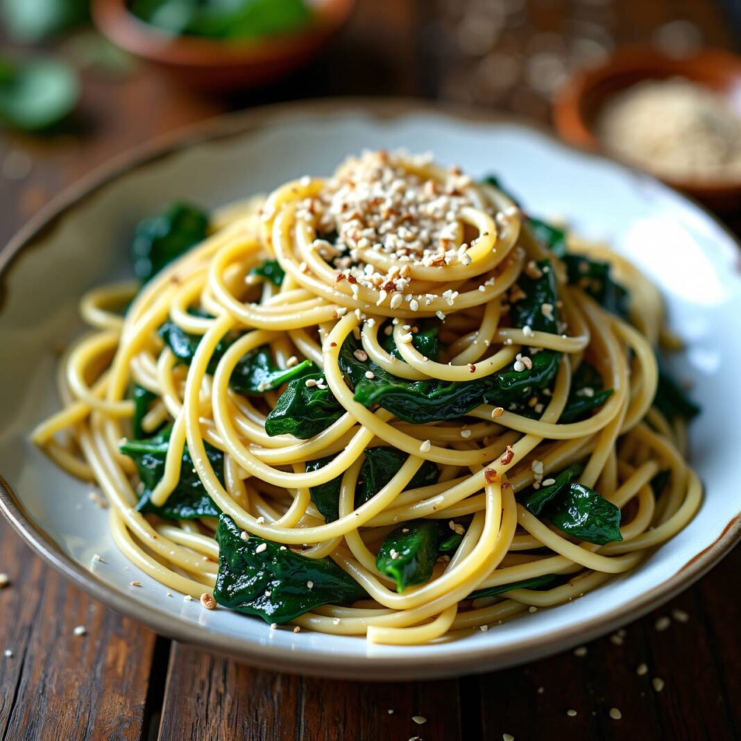 Spaghetti mit Sesam-Spinat Rezept Spaghetti mit Sesam-Spinat Rezept