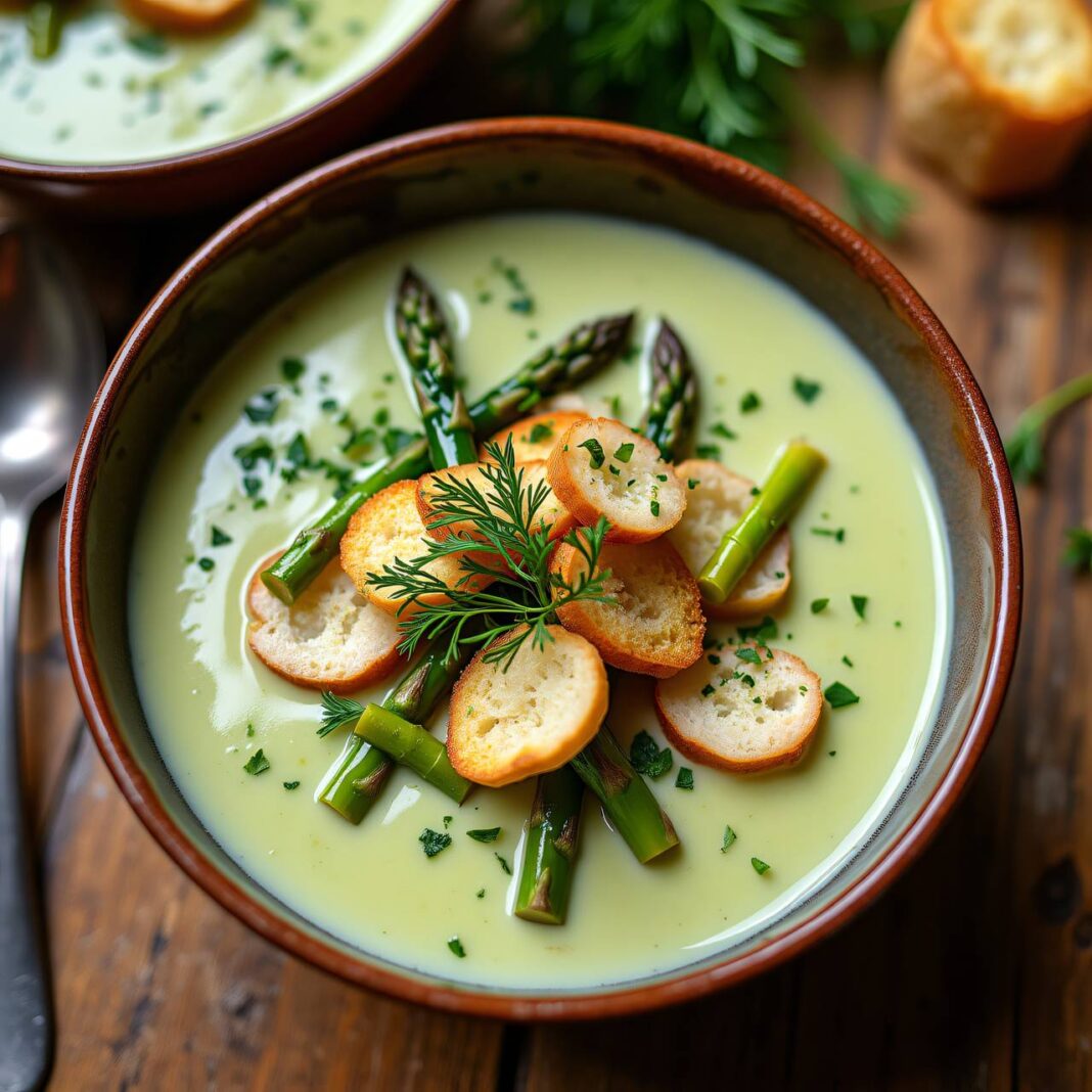 Spargelcrèmesuppe mit Hühner und Croûtons Rezept Spargelcrèmesuppe mit Hühner und Croûtons Rezept