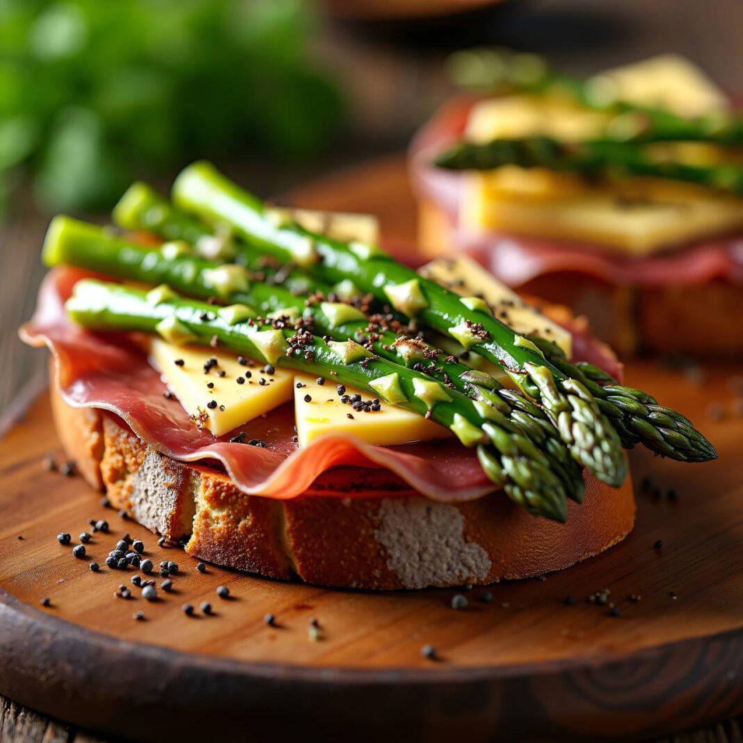 Spargeltoast mit Trockenfleisch und Raclettekäse Rezept Spargeltoast mit Trockenfleisch und Raclettekäse Rezept