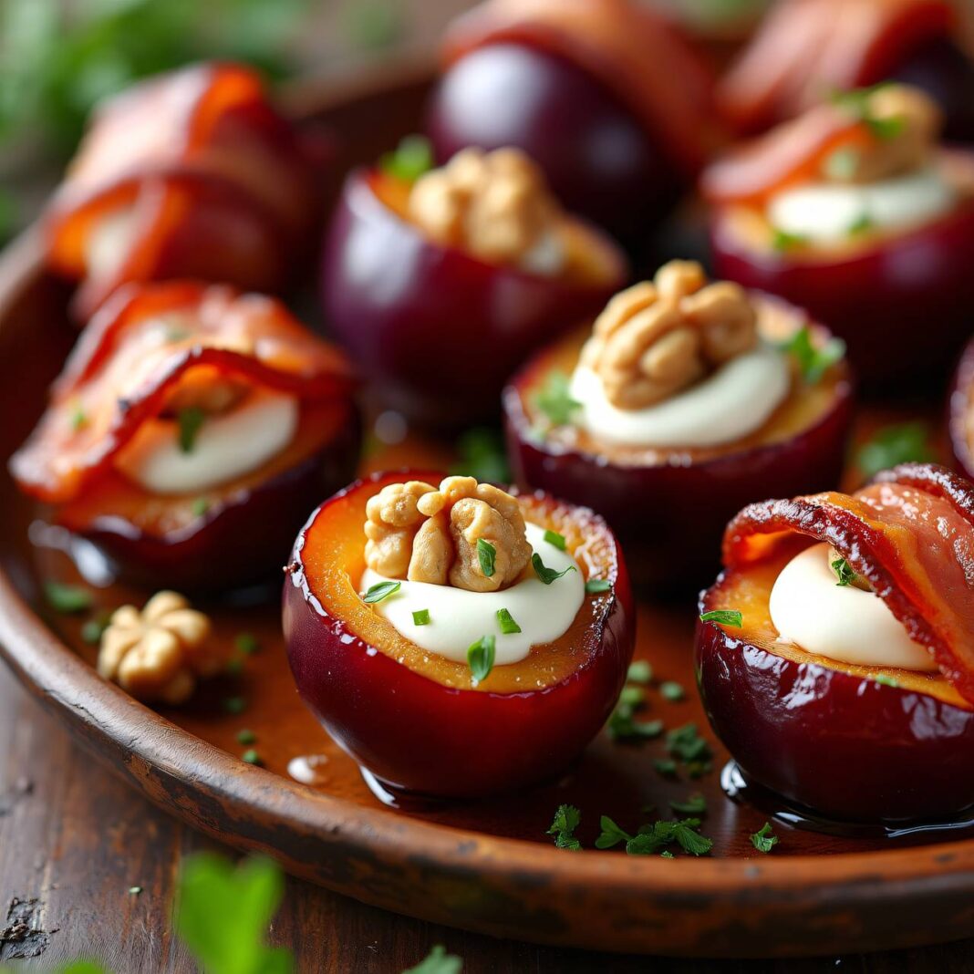 Speckpflaumen mit Frischkäse und Baumnüssen Rezept Speckpflaumen mit Frischkäse und Baumnüssen Rezept