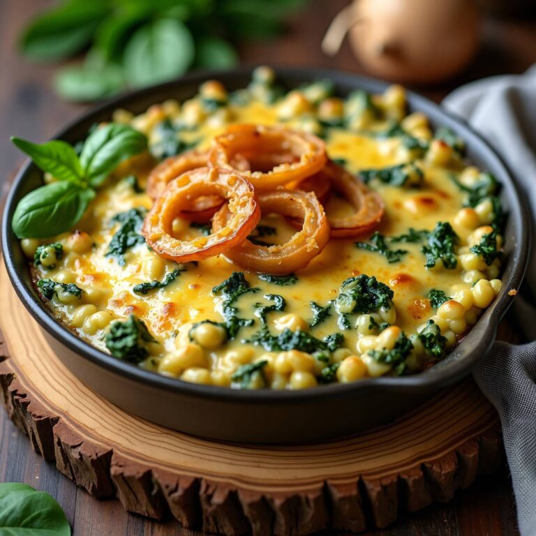 Spinatspätzli-Gratin mit Käse und Zwiebeln Rezept