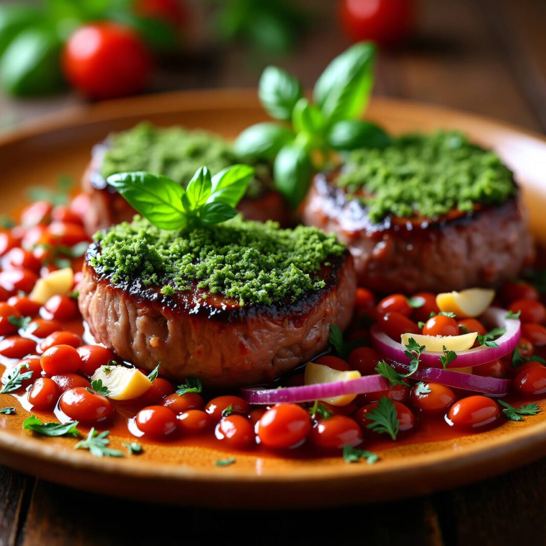 Steaks mit Basilikum-Kruste und Paprika-Bohnen Rezept Steaks mit Basilikum-Kruste und Paprika-Bohnen Rezept