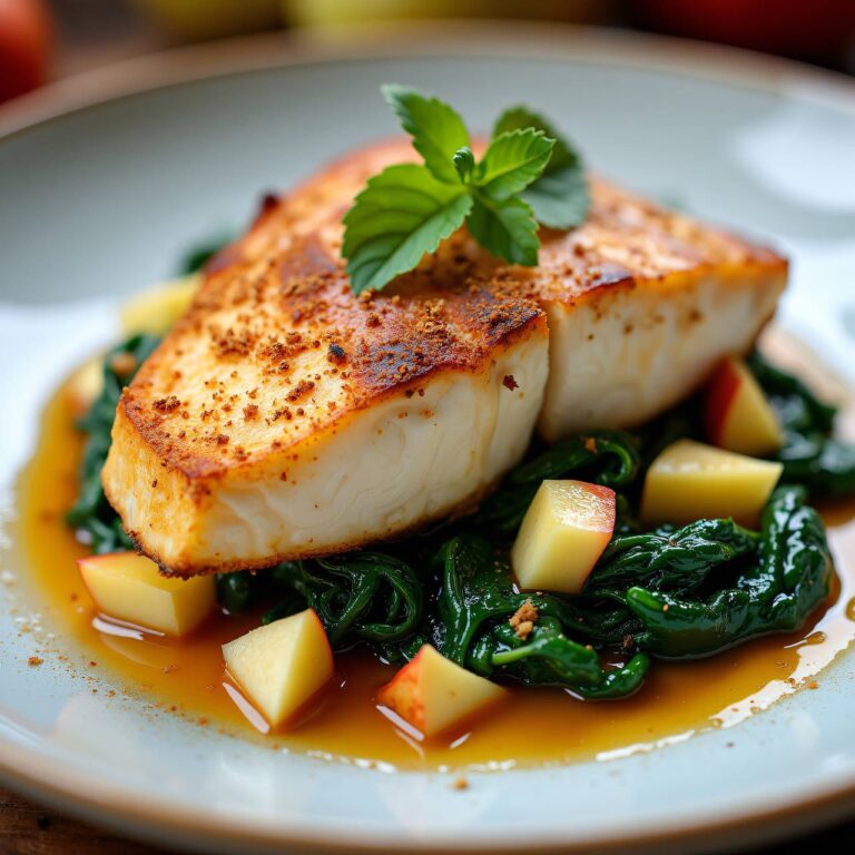 Steinbuttfilets an Cidresauce mit Blattspinat und Apfel Rezept