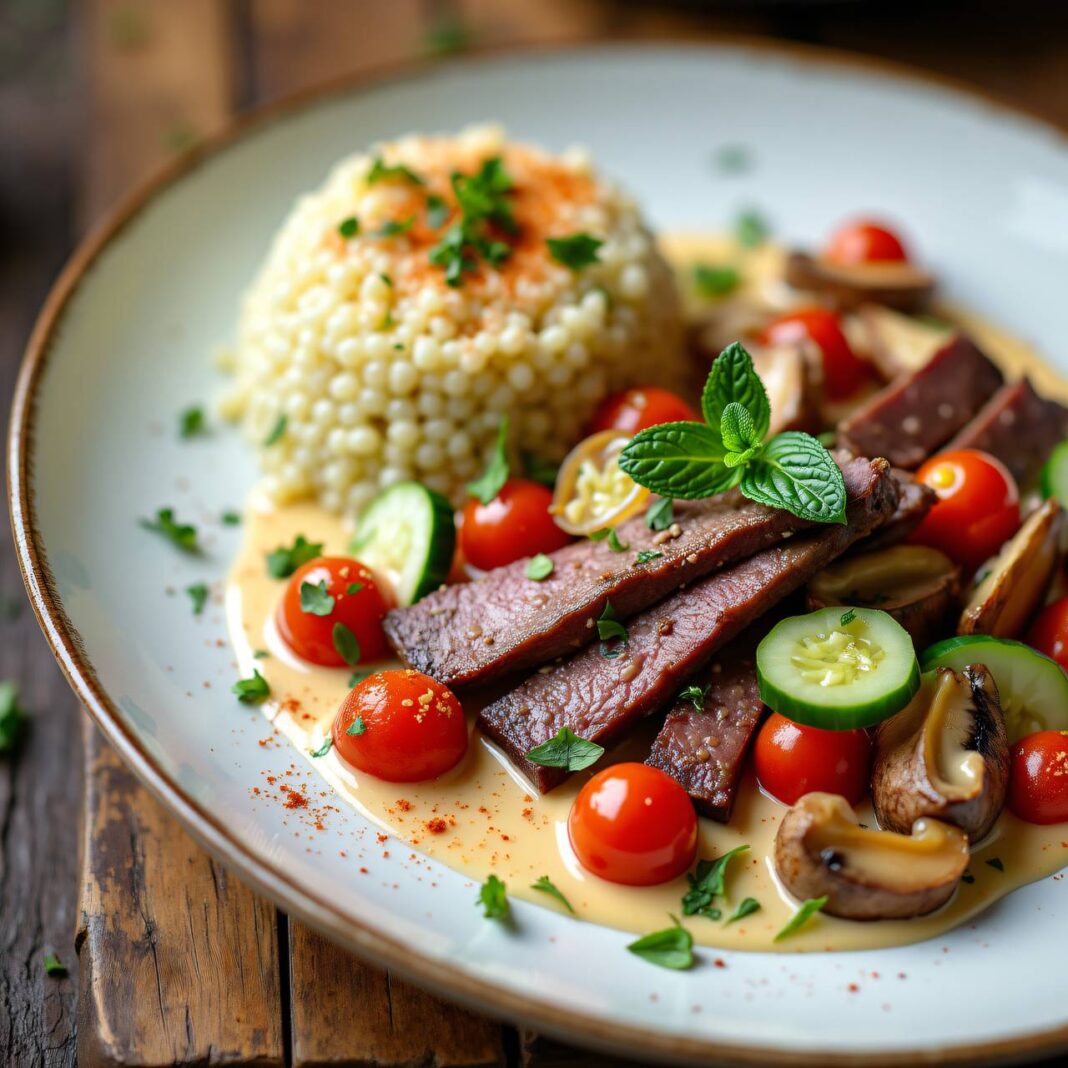 Stroganoff mit Gurke und Tomate und Pfefferminz-Couscous Rezept Stroganoff mit Gurke und Tomate und Pfefferminz-Couscous Rezept