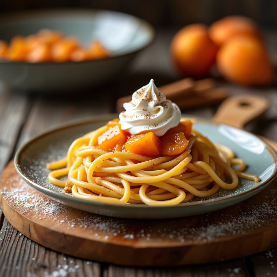 Süße Nudeln mit Aprikosenkompott Rezept Süße Nudeln mit Aprikosenkompott Rezept