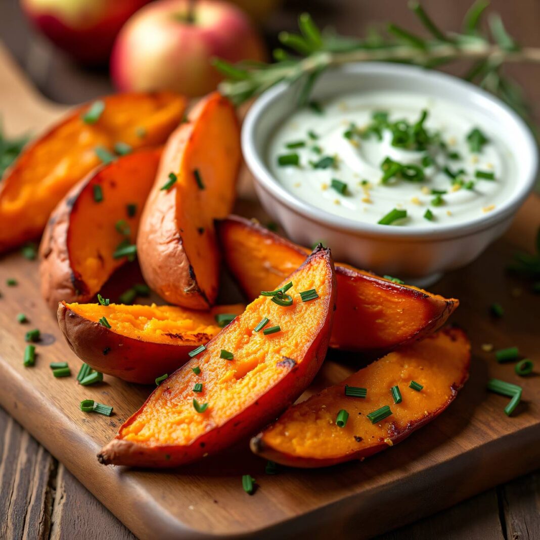 Süßkartoffel-Wedges mit Schnittlauch-Crème-fraîche Rezept Süßkartoffel-Wedges mit Schnittlauch-Crème-fraîche Rezept
