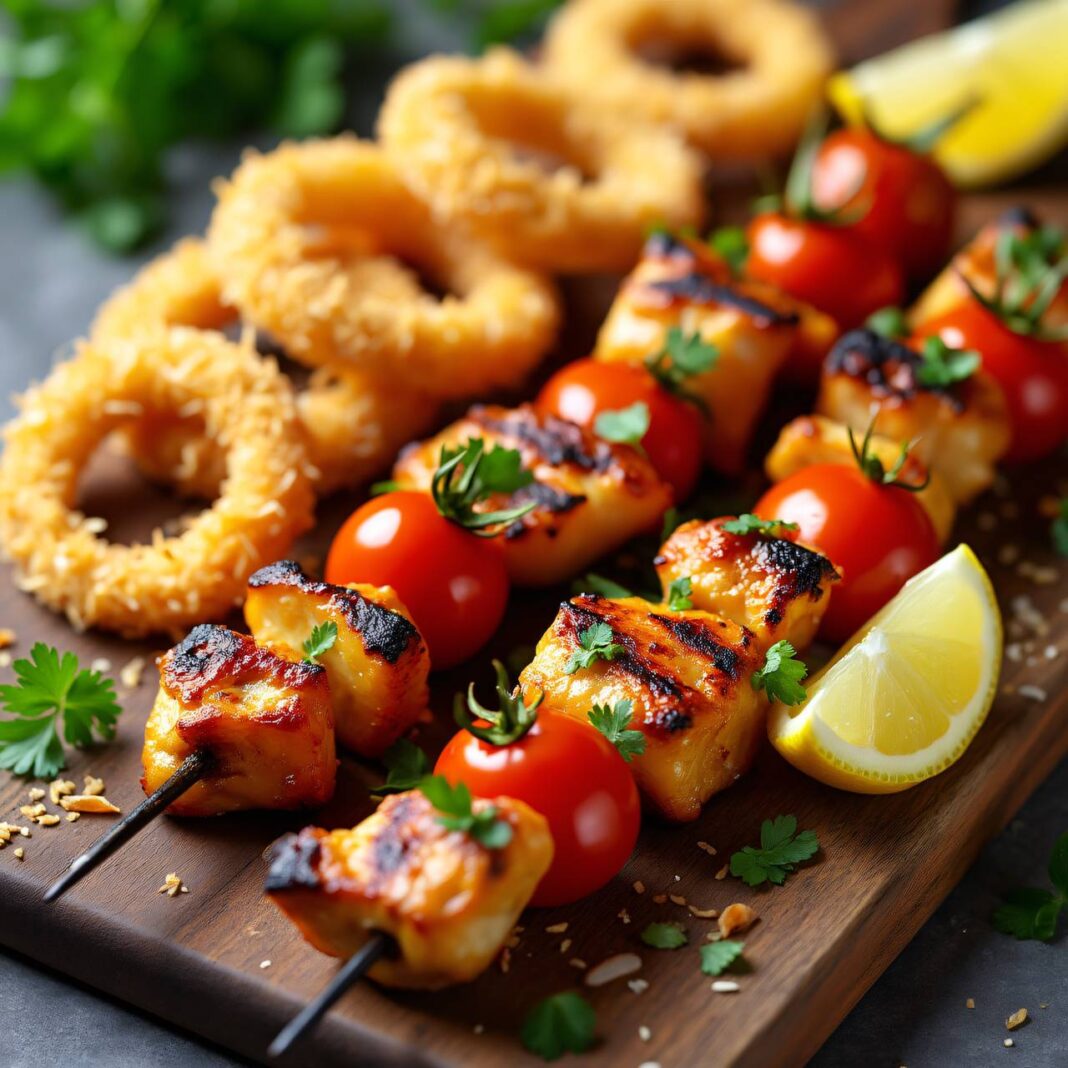 Tomaten-Hühnerspiessli vom Grill mit Kokos-Zwiebelringen Rezept Tomaten-Hühnerspiessli vom Grill mit Kokos-Zwiebelringen Rezept