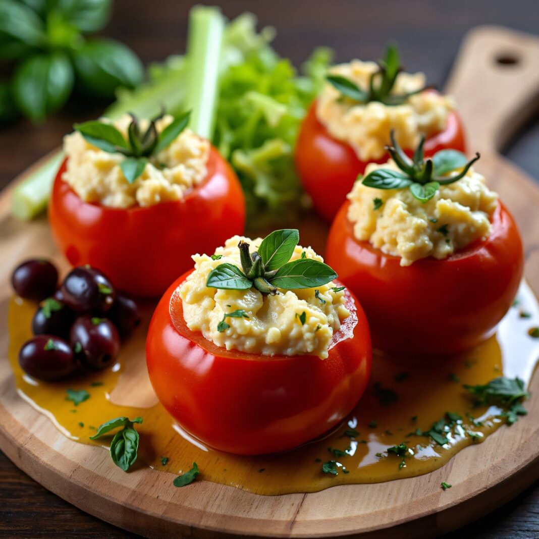 Tomaten mit Käse-Füllung an Basilikum-Vinaigrette Rezept Tomaten mit Käse-Füllung an Basilikum-Vinaigrette Rezept