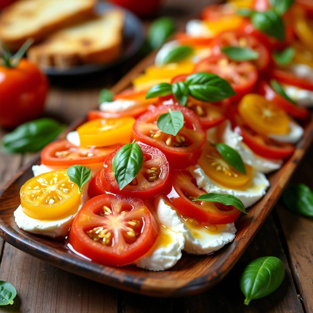 Tomaten-Mozzarella-Salat mit Pfirsich-Dressing Rezept Tomaten-Mozzarella-Salat mit Pfirsich-Dressing Rezept