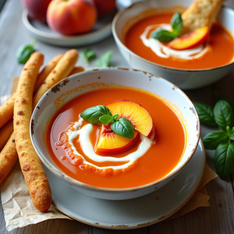 Tomaten-Pfirsich-Suppe mit Basilikum-Grissini Rezept