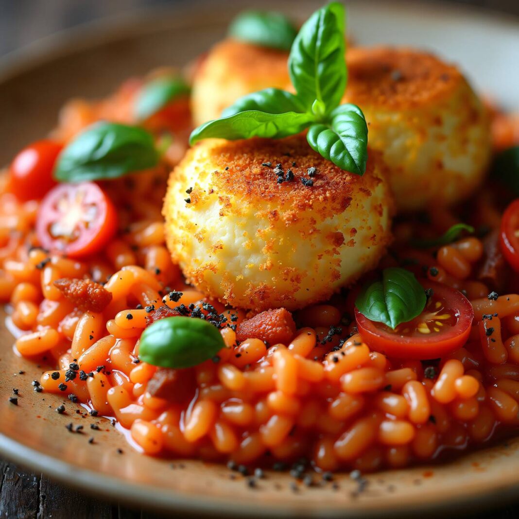 Tomatenrisotto mit paniertem Käse Rezept Tomatenrisotto mit paniertem Käse Rezept