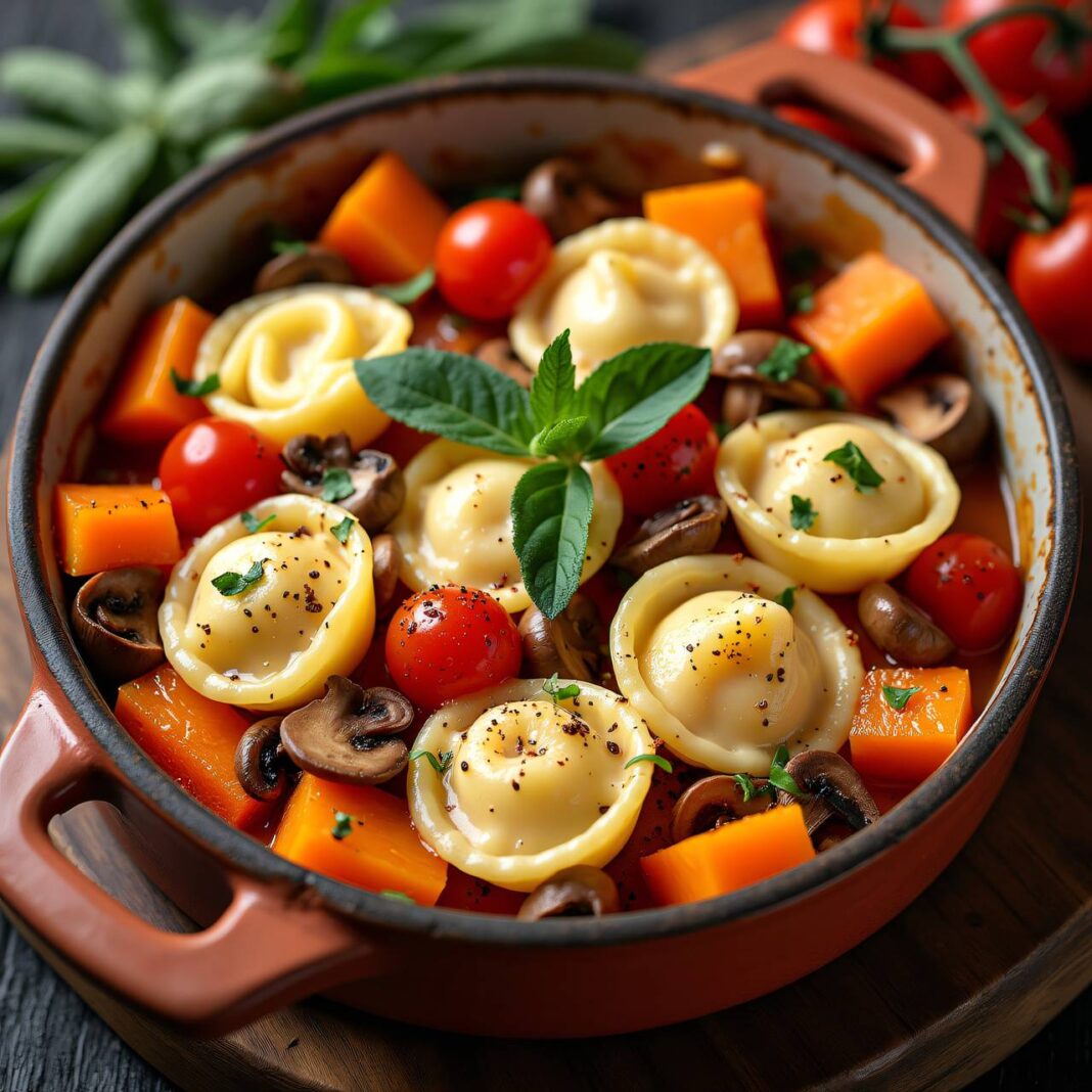 Tortellini-One-Pot aus dem Rohr mit Champignons Rezept Tortellini-One-Pot aus dem Rohr mit Champignons Rezept